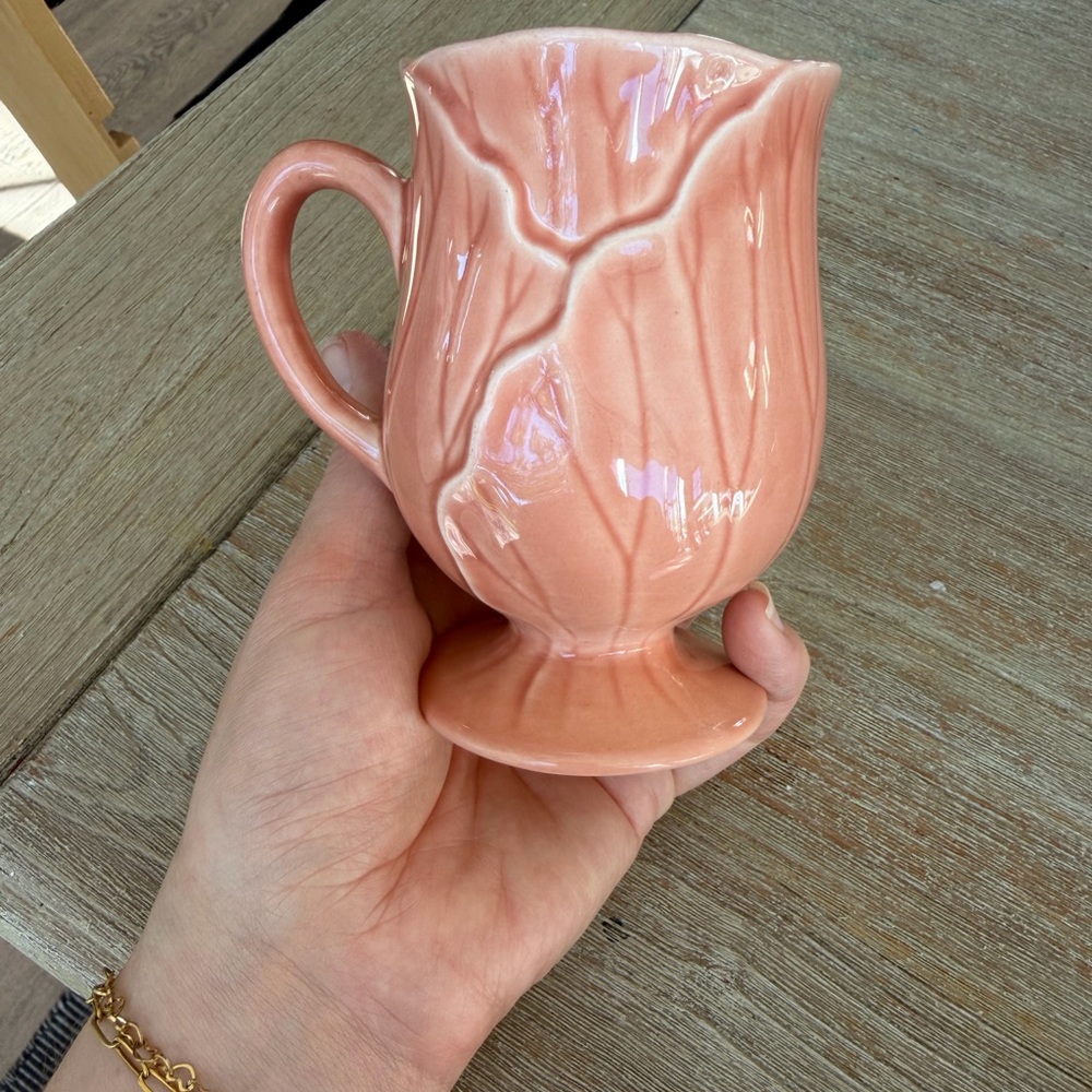 🌱 Set of 4 Vintage Metlox Poppytrail Lotus Vernonware Peach “Cabbage Leaf” Mugs